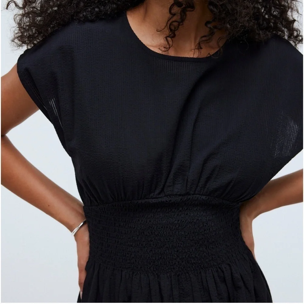 Madewell Smocked Waist Midi Dress Stripe Seersucker Linen Blend Black XS NWT - Picture 2 of 13